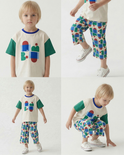 [SET] Cream BB Figure Color Block Pattern Crop