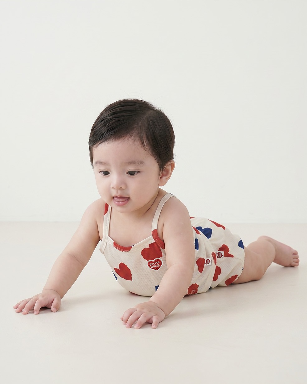 [BABY SET] Ivory Red Blue Heart Pattern Mesh Sleeveless Shorts