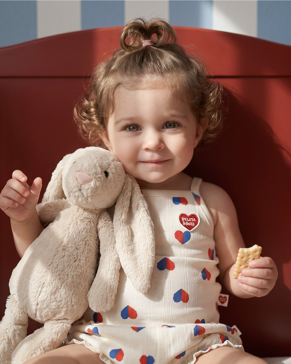[BABY GIRL SET] Ivory Red Blue Heart Pattern Sleeveless Shorts