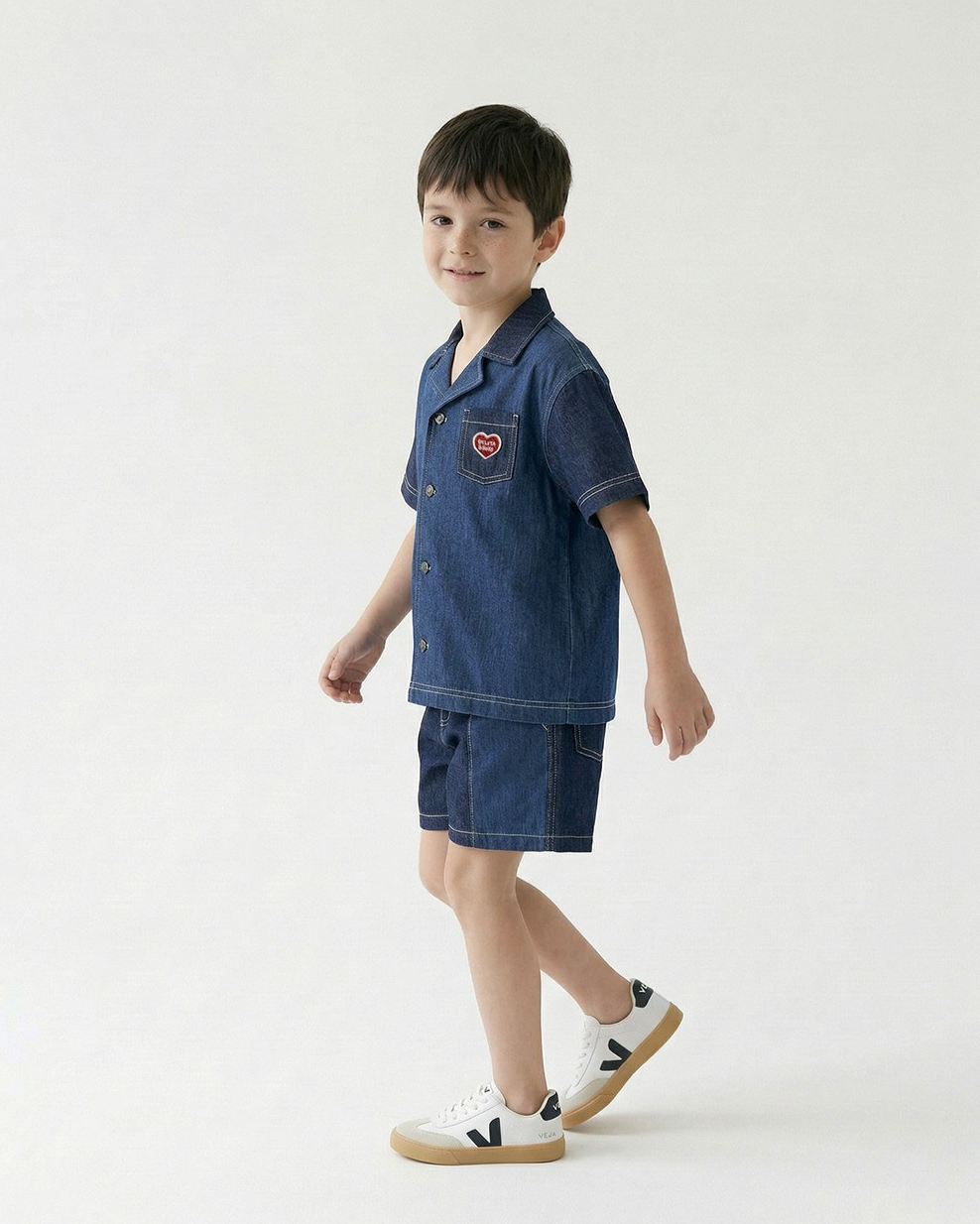 Dark Blue Color Block Denim Short Sleeve Shirt