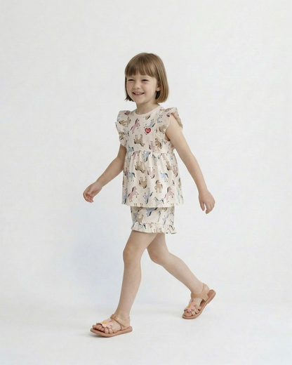[GIRL SET] Light Pink Horse Pattern Blouse & Shorts