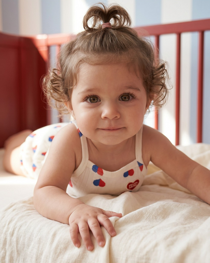 [BABY GIRL SET] Ivory Red Blue Heart Pattern Sleeveless Shorts