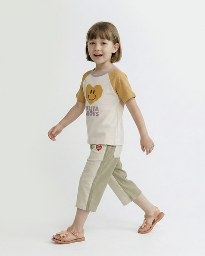 Light Beige BB Heart Color Block Polysucker Crop Pants