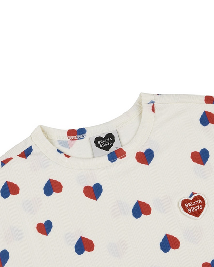 Ivory Red Blue Heart Pattern Short Sleeve