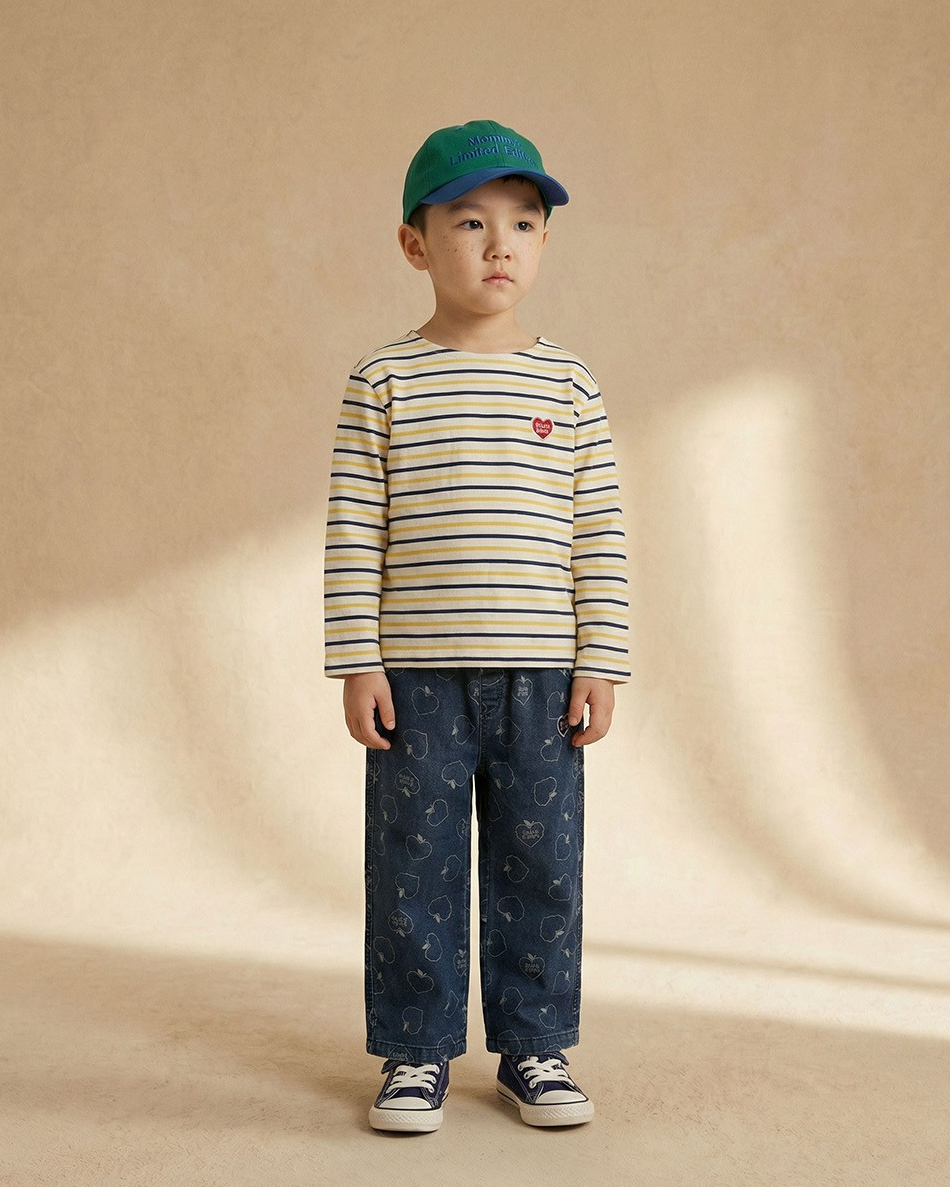 Yellow BB Heart Multi Stripe Boat Neck Long Sleeve