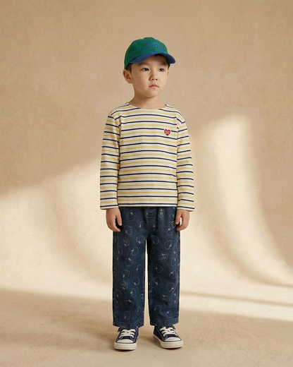 Yellow BB Heart Multi Stripe Boat Neck Long Sleeve