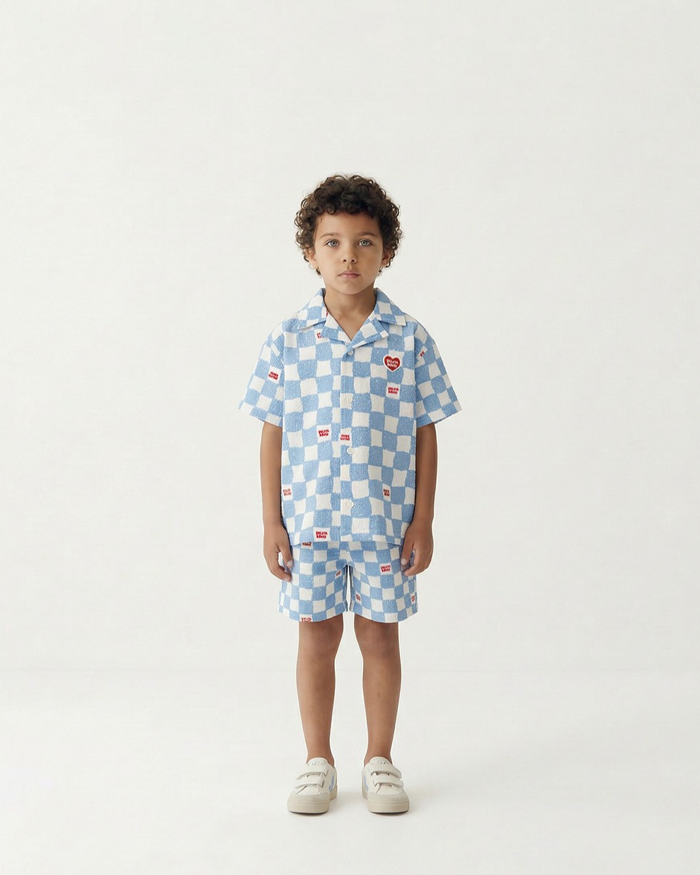 [SET] Light Blue Checkerboard Polysucker Shirt & Shorts