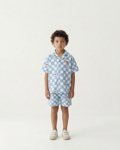 [SET] Light Blue Checkerboard Polysucker Shirt & Shorts