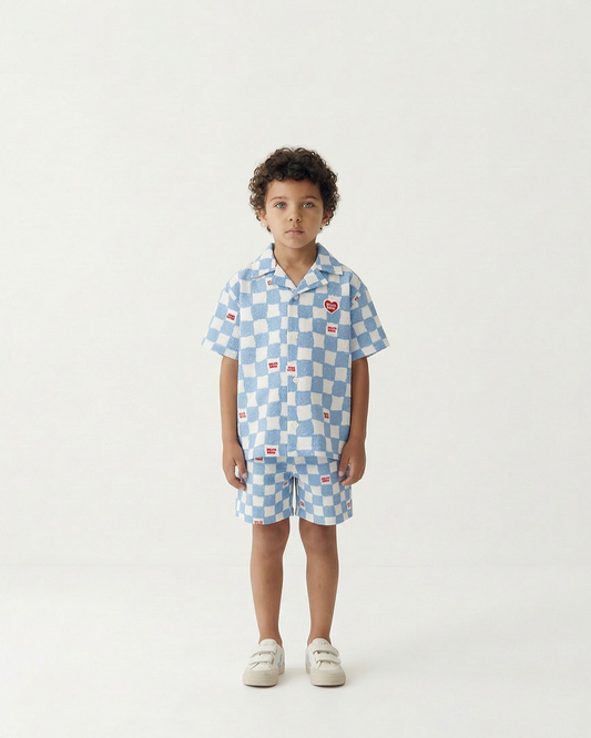 [SET] Light Blue Checkerboard Polysucker Shirt & Shorts