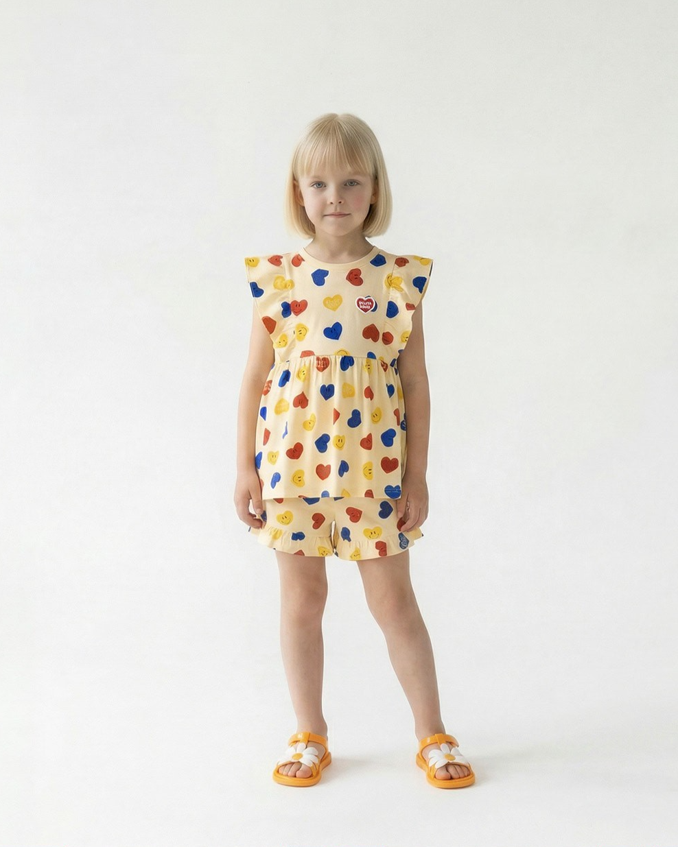 [GIRL SET] Light Yellow Smile Heart Pattern Blouse & Shorts