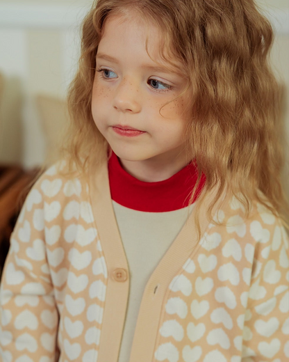 Beige Grid BB Heart Pattern Knit Cardigan