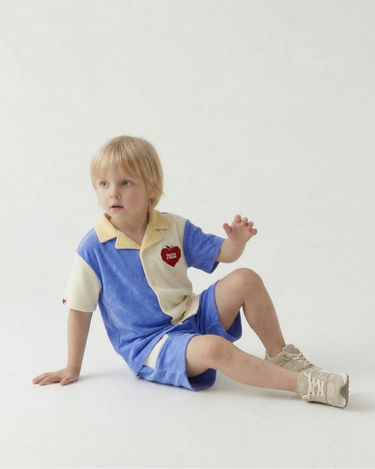 Blue Bubble Apple Color Block Terry Collar Shirt