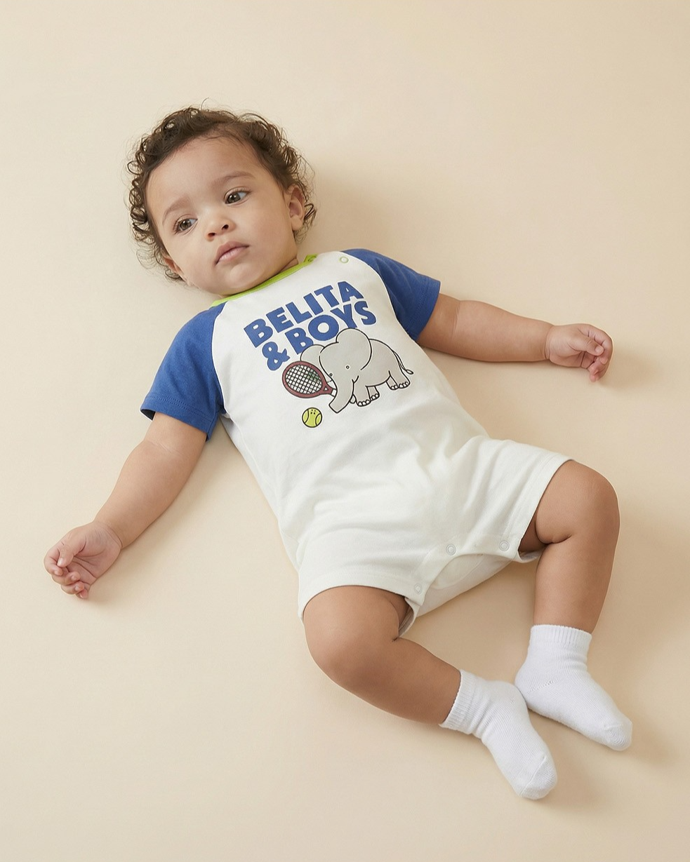 BABY Blue Elephant Color Block Short Jumpsuit