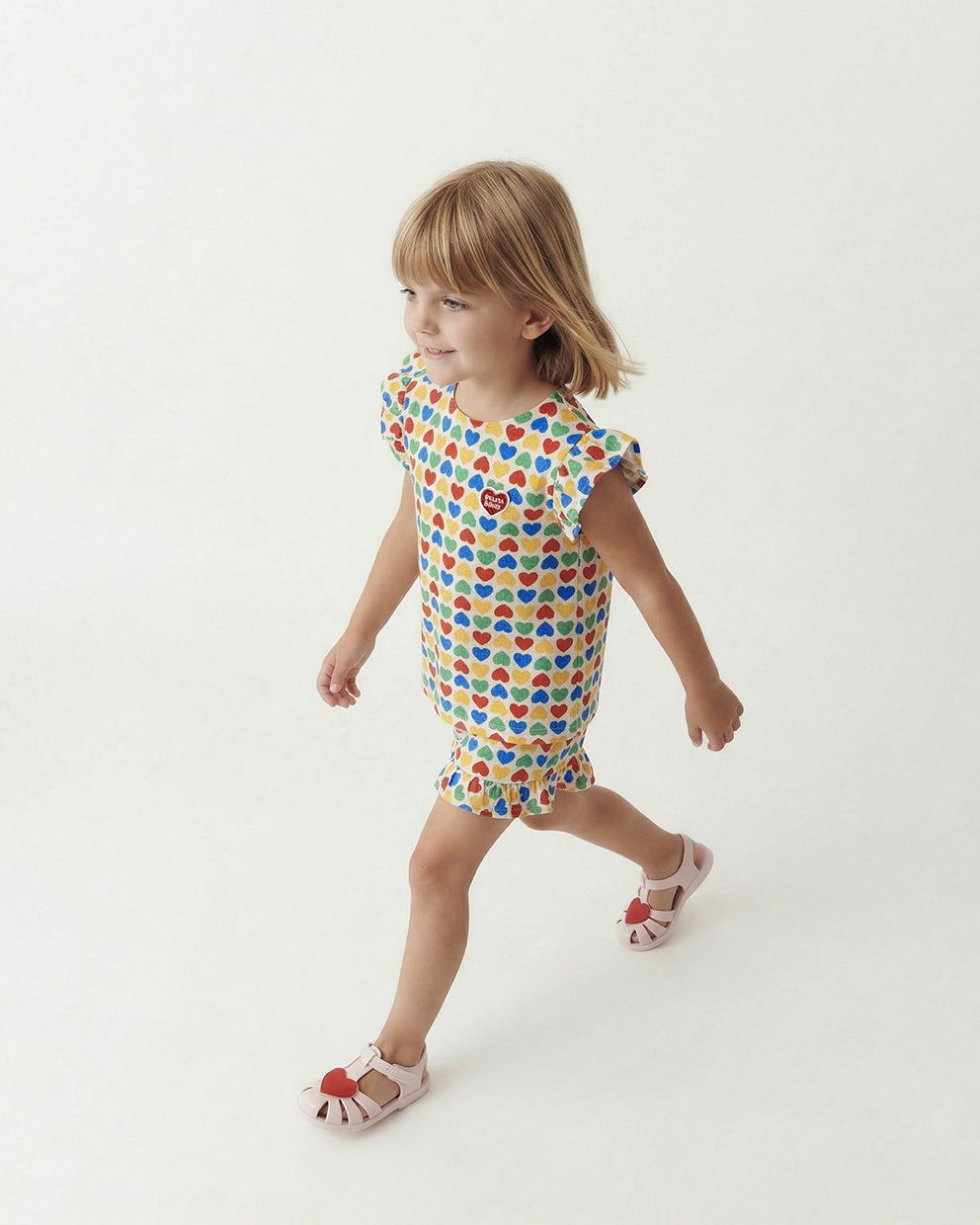 [GIRL SET] Cream Rainbow Heart Polysucker Blouse & Shorts
