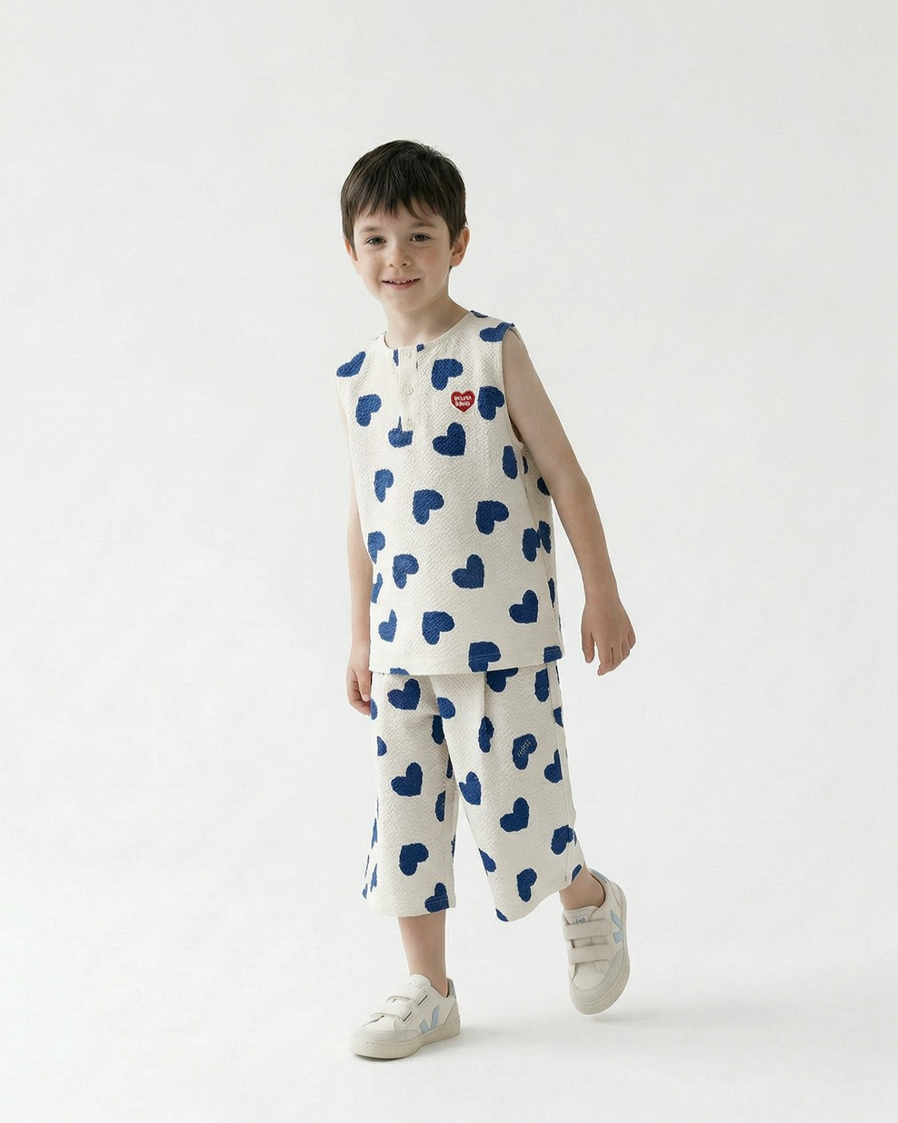 [SET] Blue Heart Pattern Polysucker Sleeveless Crop