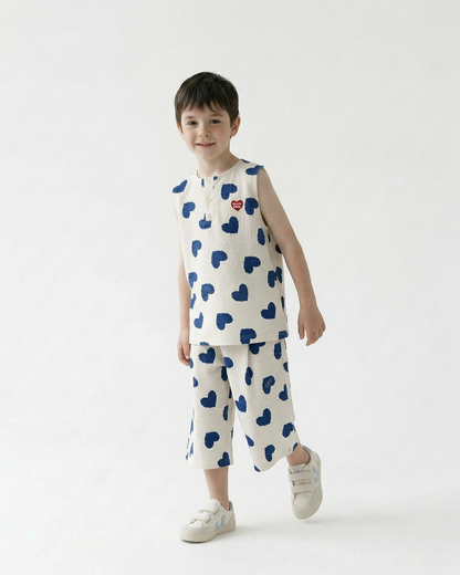 [SET] Blue Heart Pattern Polysucker Sleeveless Crop