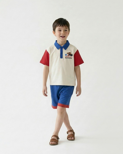 [SET] Cream Cowboy Color Block Collar Shirt & Shorts