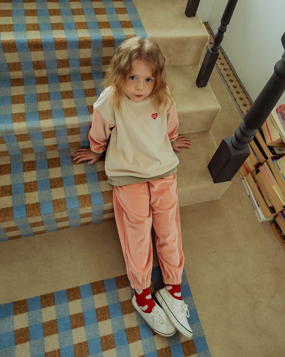 [SET] Beige BB Heart Color Block Velour Jogger