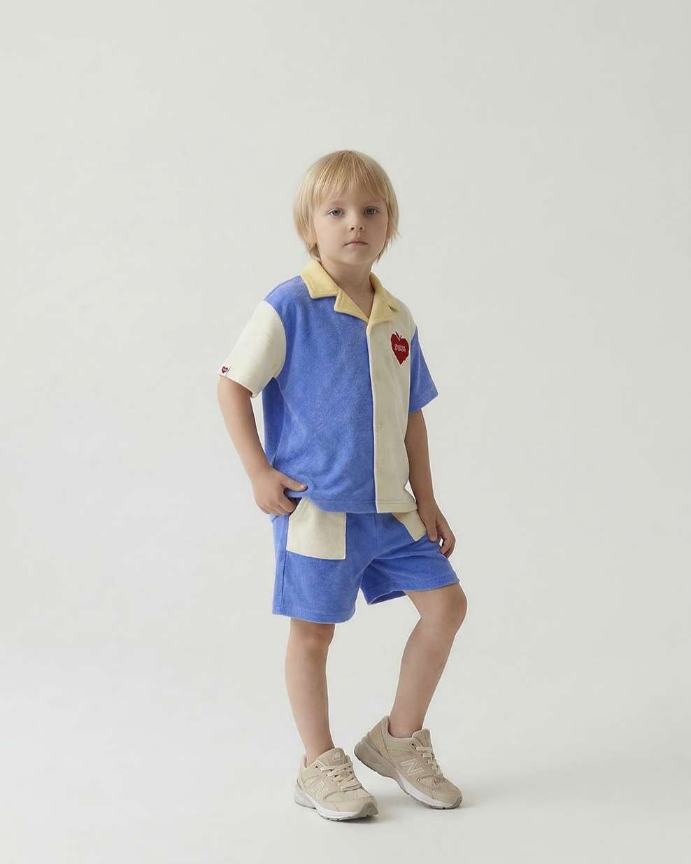 Blue Bubble Apple Color Block Terry Collar Shirt