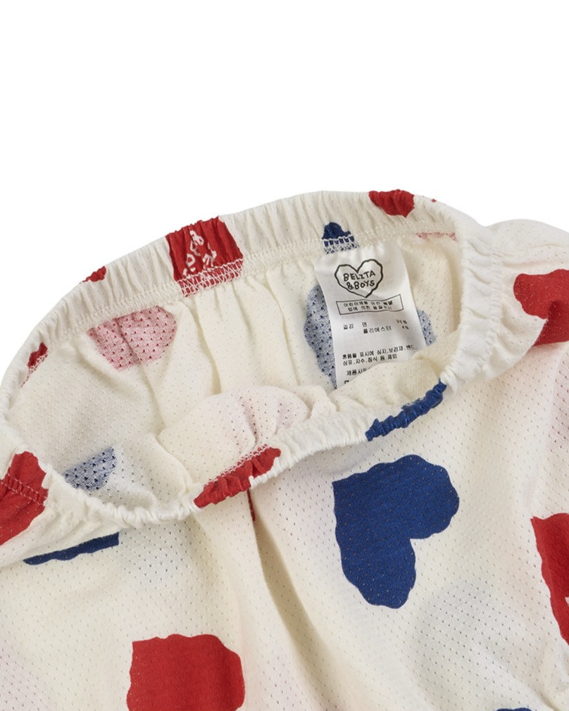 [BABY SET] Ivory Red Blue Heart Pattern Mesh Sleeveless Shorts
