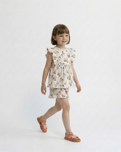 [GIRL SET] Light Pink Horse Pattern Blouse & Shorts