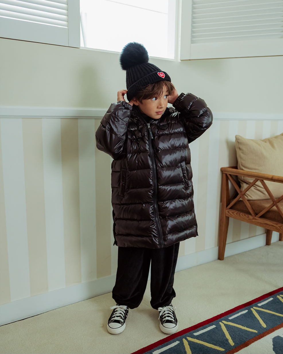 Black BB Heart Pompom Beanie