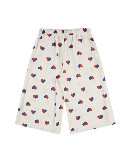 Ivory Red Blue Heart Pattern Crop Pants