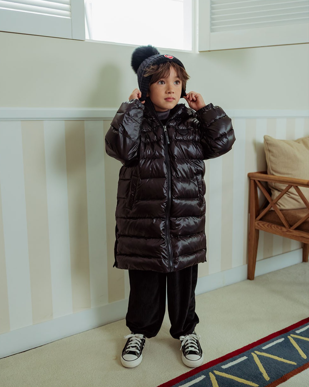 Black BB Heart Pompom Beanie