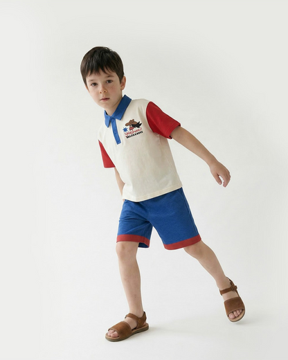 [SET] Cream Cowboy Color Block Collar Shirt & Shorts