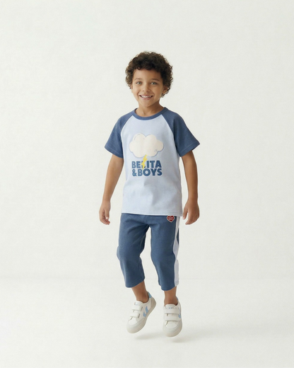 Light Blue Cloud Color Block Waffle Short Sleeve