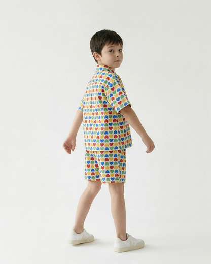 [SET] Cream Rainbow Heart Polysucker Shirt & Shorts