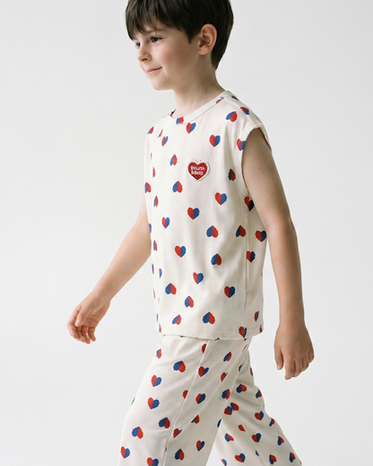 Ivory Red Blue Heart Pattern Short Sleeve