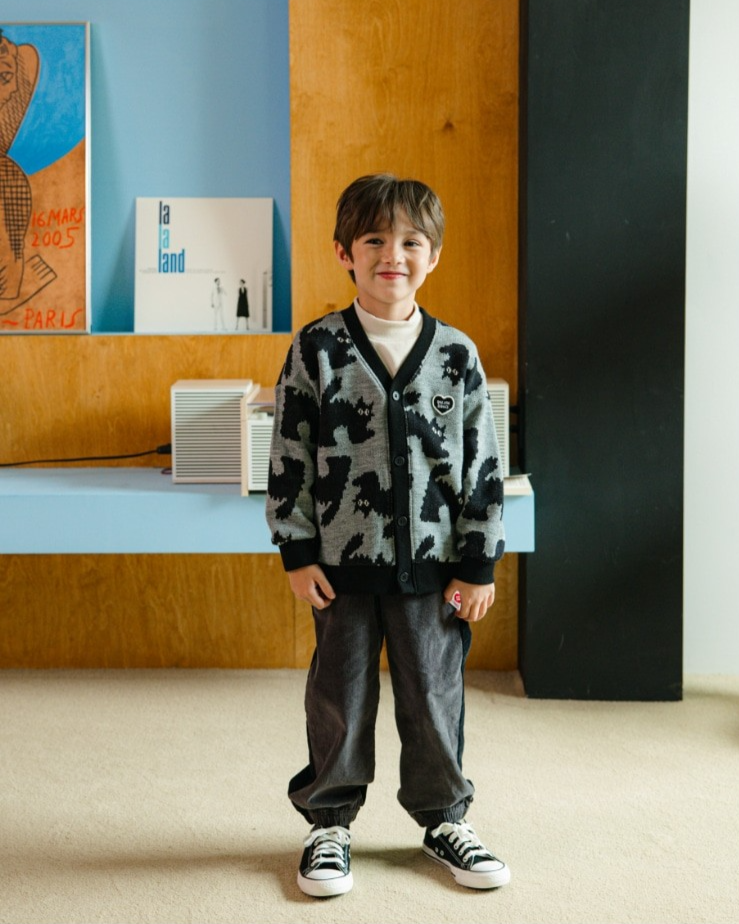 Grey Cat Pattern Knit Cardigan