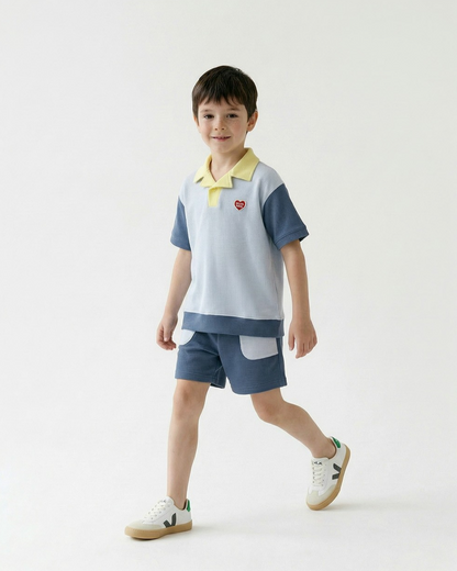 Light Blue BB Heart Color Block Waffle Collar Shirt