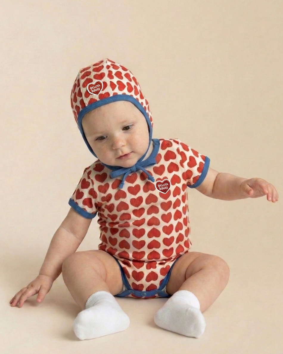 BABY Red BB Heart Pattern Bonnet