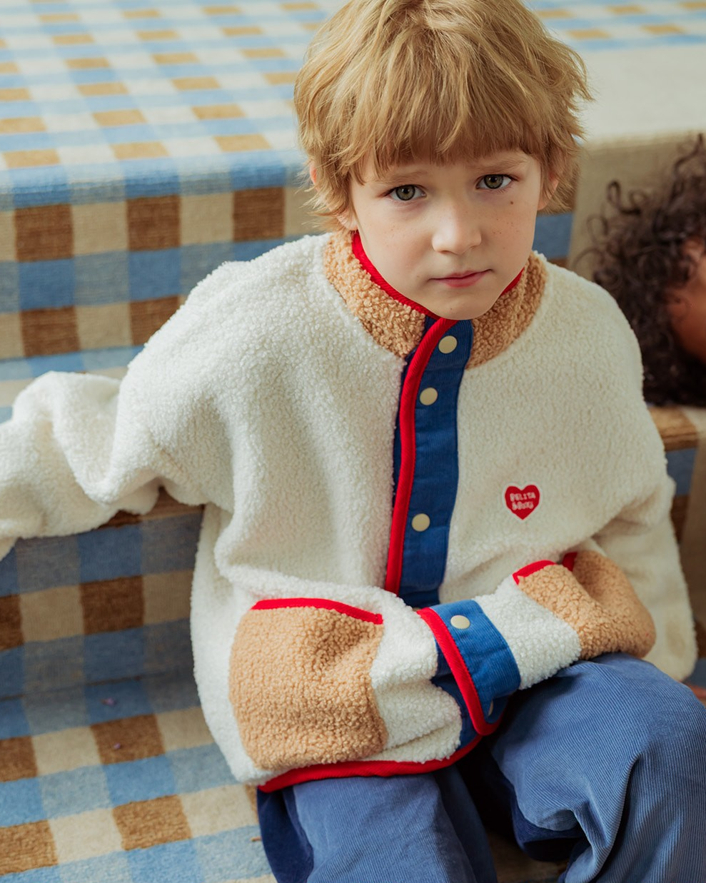 Cream BB Heart Color Block Dumble Fleece Jumper