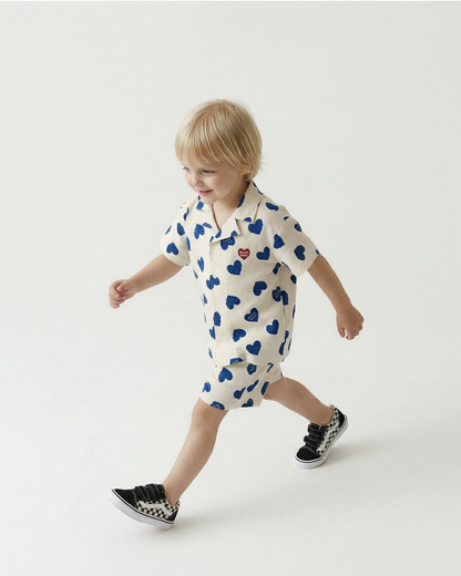 [SET] Blue Heart Pattern Polysucker Shirt & Shorts
