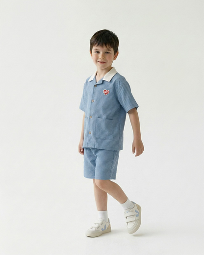 [SET] Light Blue Color Block Polysucker Shirt & Shorts