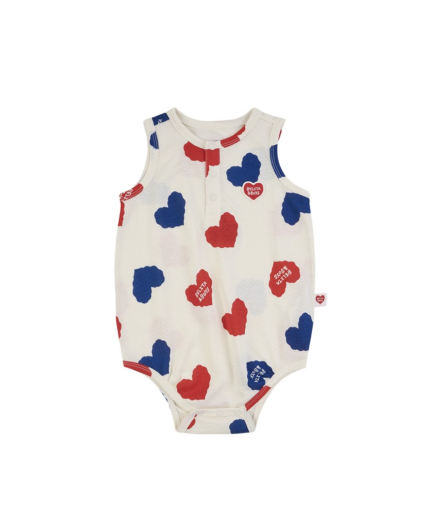 BABY Ivory Red Blue Heart Pattern Mesh Sleeveless Bodysuit