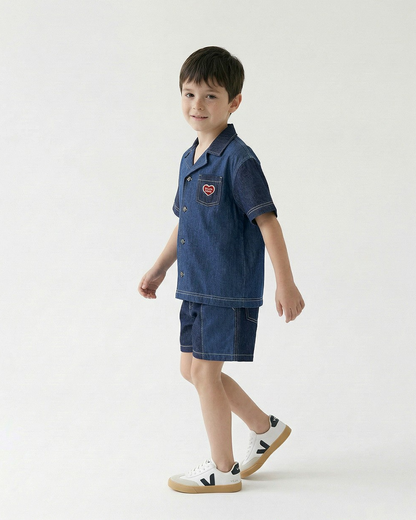 Dark Blue Color Block Denim Shorts
