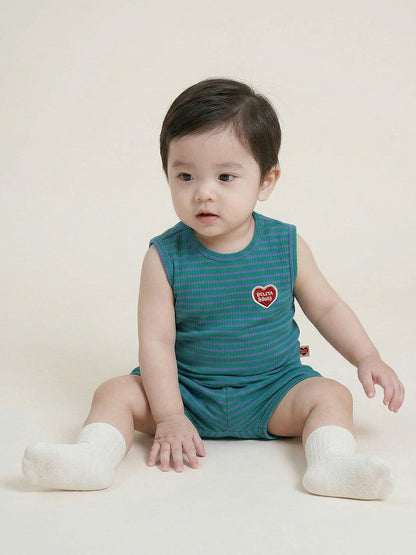[BABY SET] Green BB Heart Stripe Sleeveless Shorts