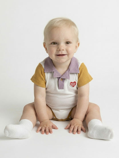 BABY Cream BB Heart Color Block Waffle Short Collar Bodysuit (Copy)