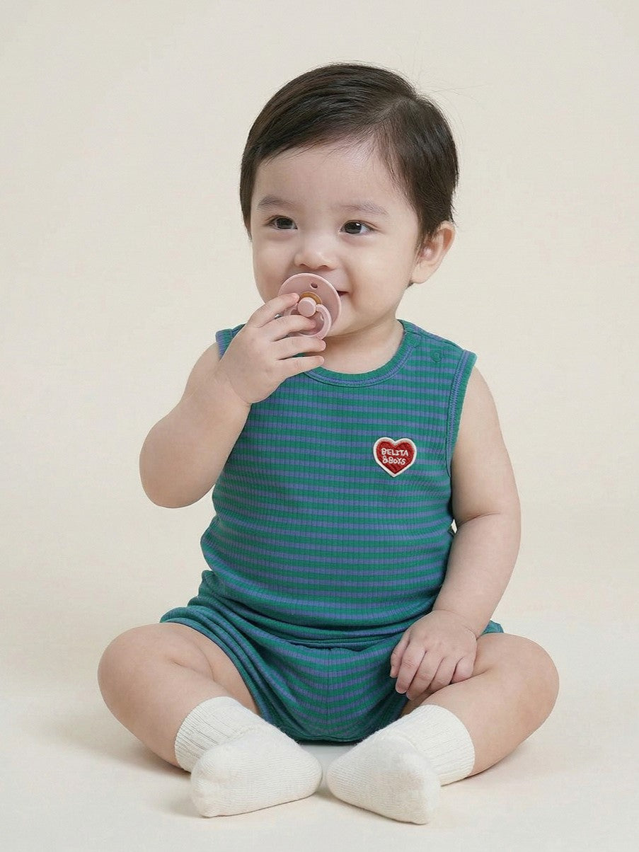 [BABY SET] Green BB Heart Stripe Sleeveless Shorts