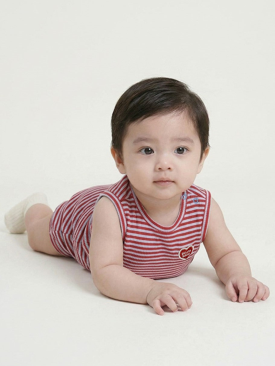 [BABY SET] Red BB Heart Stripe Sleeveless Shorts