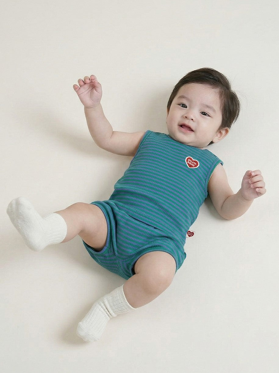 [BABY SET] Green BB Heart Stripe Sleeveless Shorts