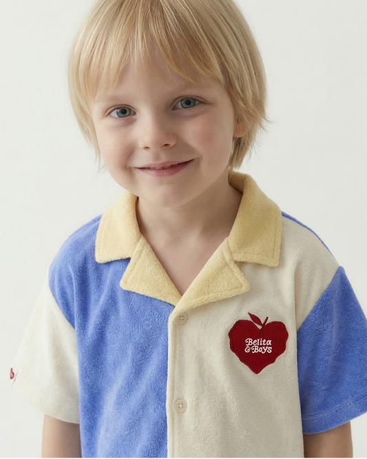 Blue Bubble Apple Color Block Terry Collar Shirt