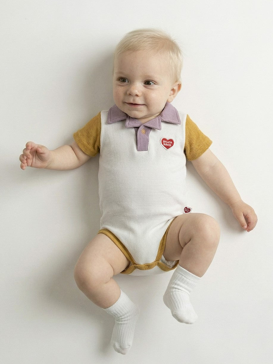 BABY Cream BB Heart Color Block Waffle Short Collar Bodysuit (Copy)