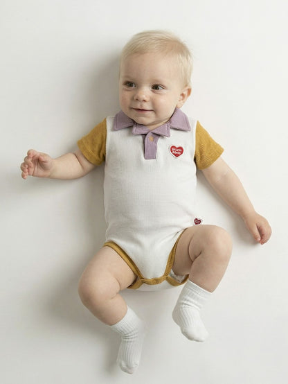 BABY Cream BB Heart Color Block Waffle Short Collar Bodysuit (Copy)