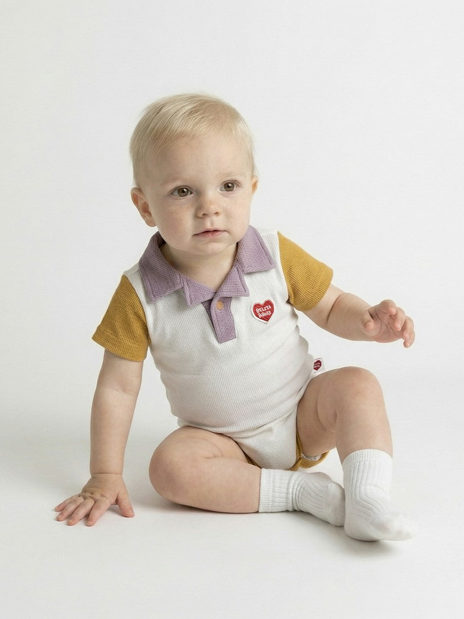 BABY Cream BB Heart Color Block Waffle Short Collar Bodysuit (Copy)