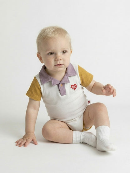 BABY Cream BB Heart Color Block Waffle Short Collar Bodysuit (Copy)